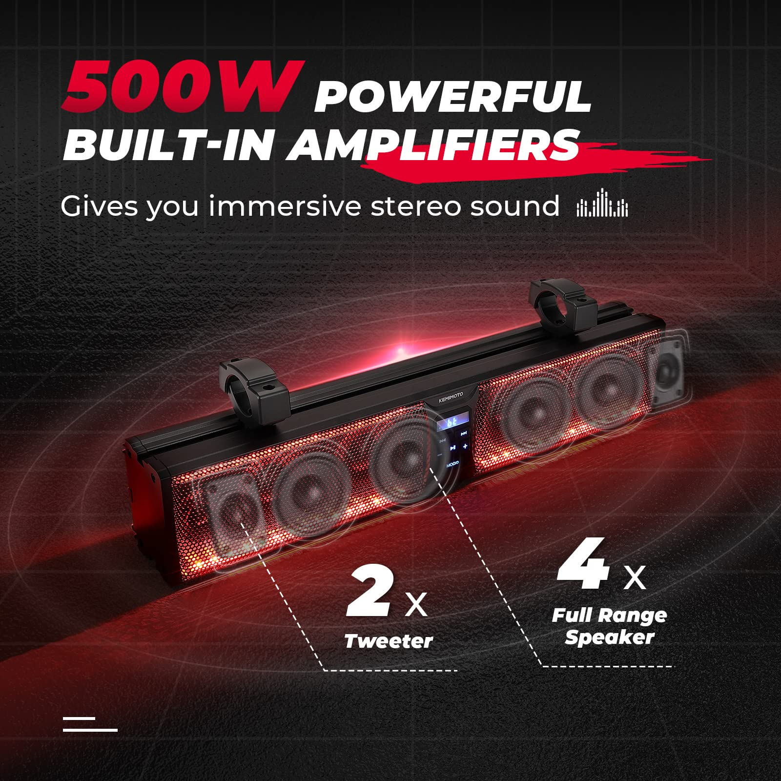 Kemimoto 26'' RGB Bluetooth Sound Bar 500W for Polaris RZR