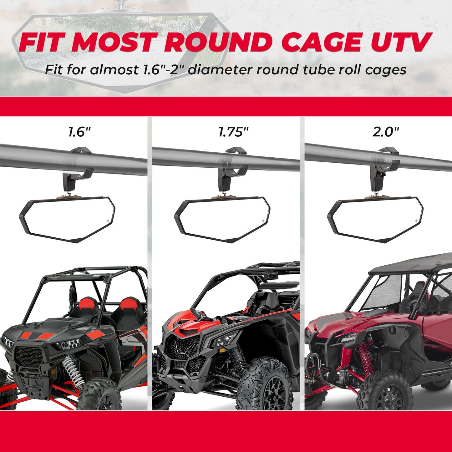 UTV Rear View Mirror for 1.6"-2" Roll Bar Cages