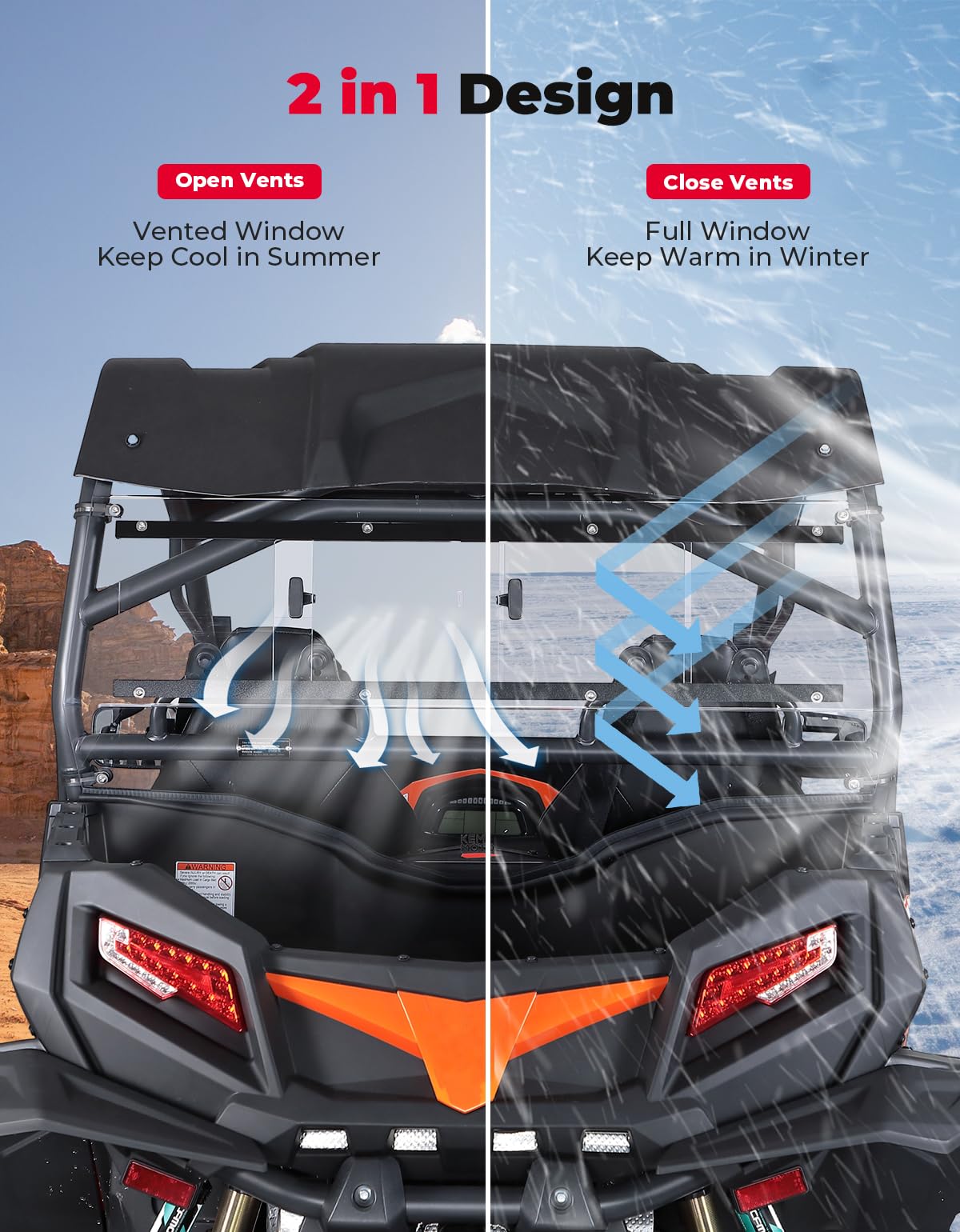 Kemimoto 2-IN-1 Rear Windshield for CFMOTO ZForce 500/800/1000