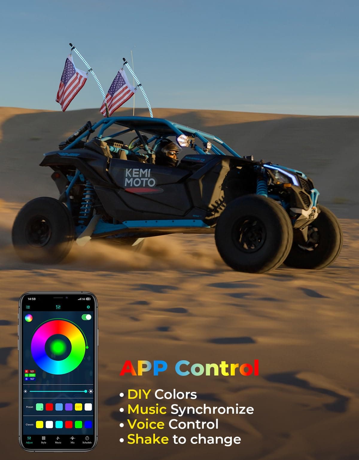 Kemimoto 2PCS 3FT COB Whip Lights Remote App for UTV