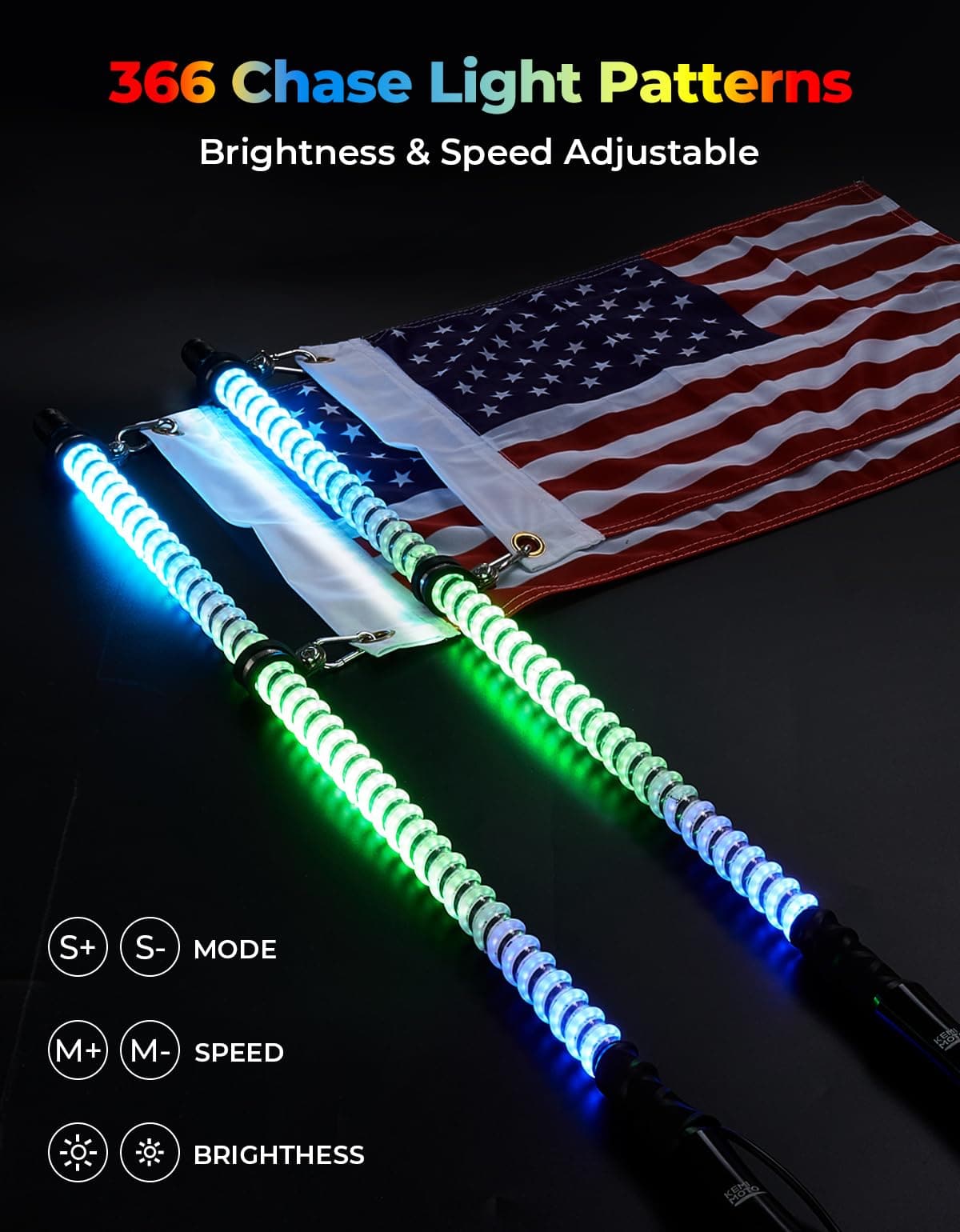 Kemimoto 3FT COB Whip Lights & RGB Rock Kit for UTV