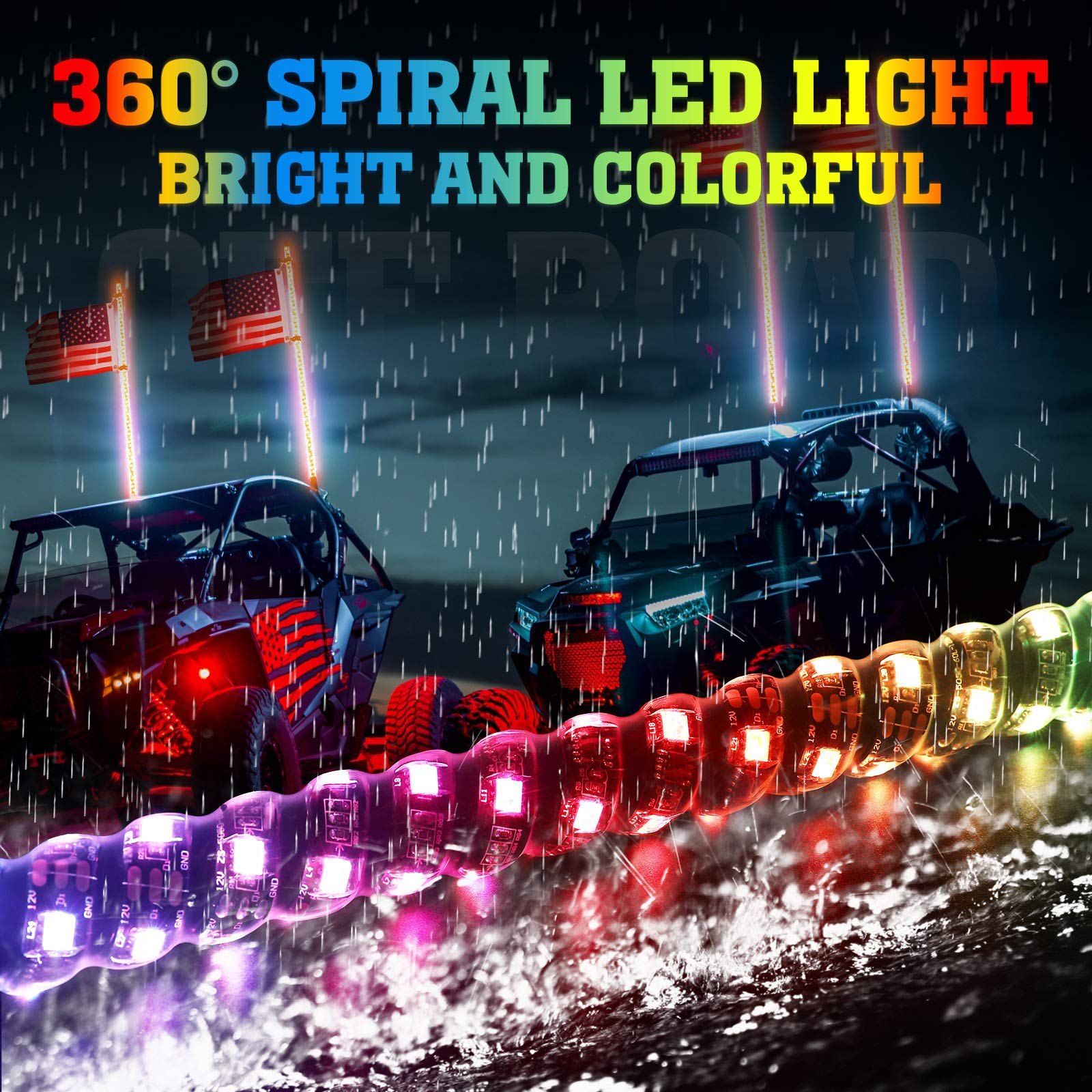 Kemimoto 5ft 2pcs Spiral Whip Lights Bluetooth Control Turn Signal