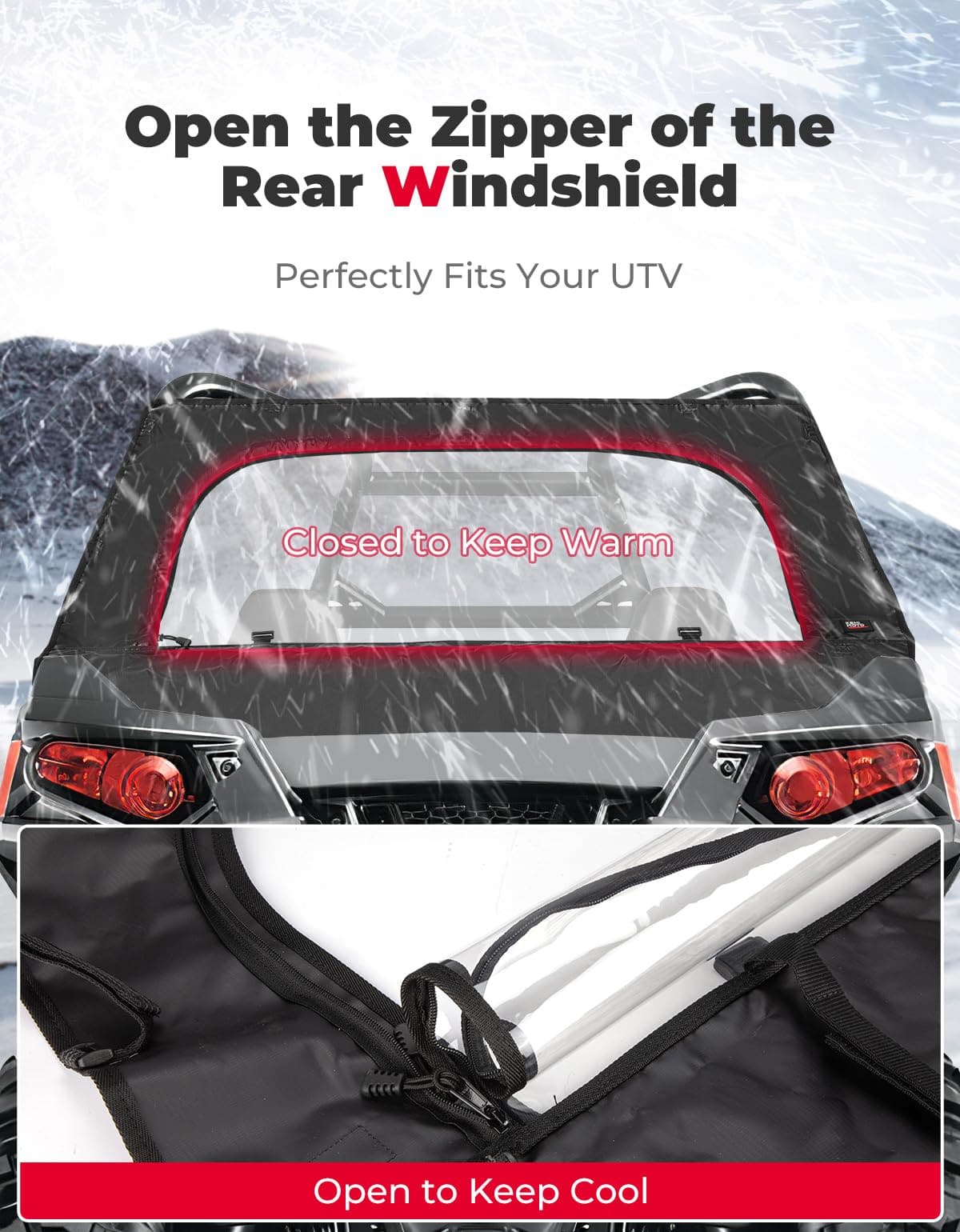 Kemimoto Rear Windshield with Zipper for Polaris RZR 570/800
