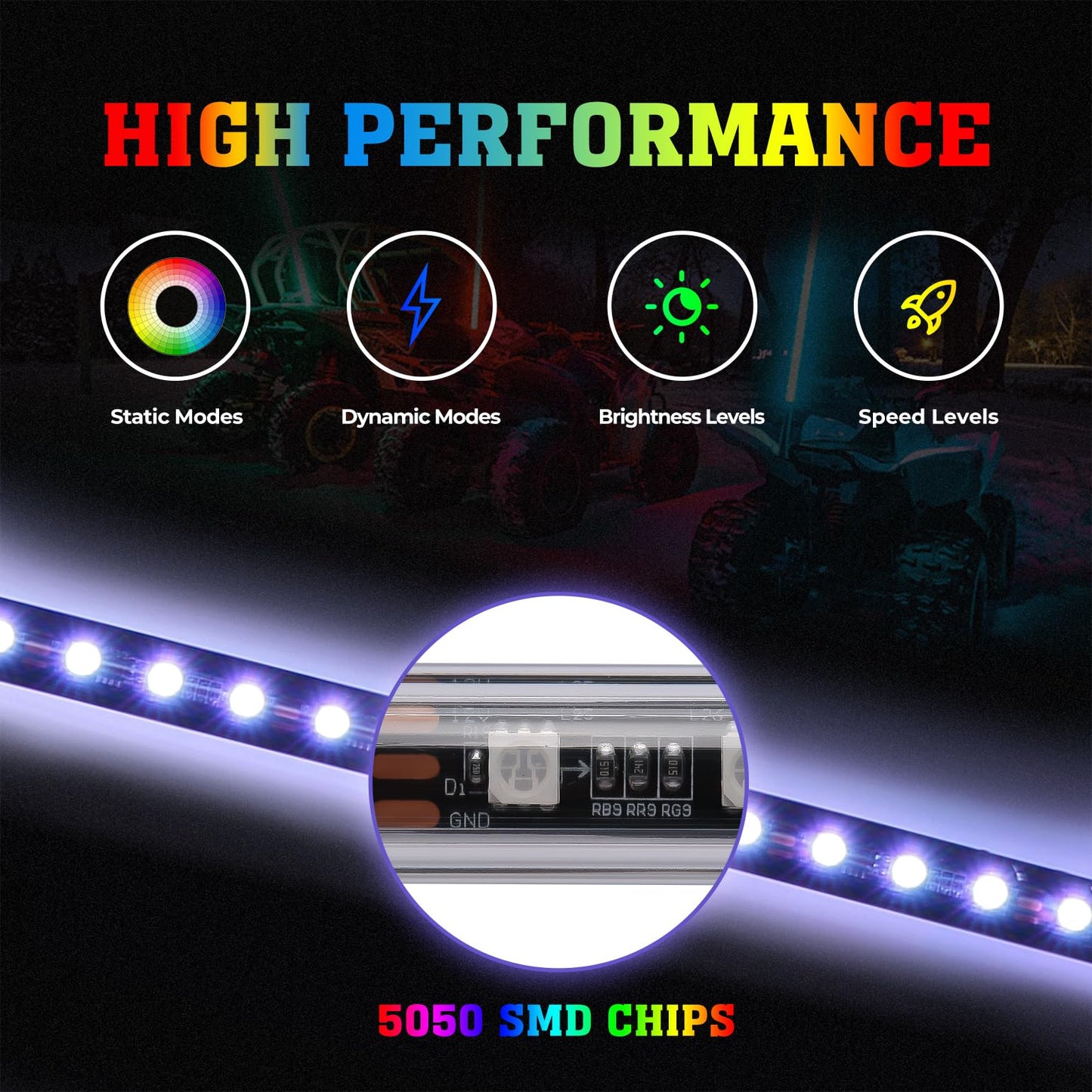 Kemimoto 2pcs 4FT Black LED Whip Light with RF Remote
