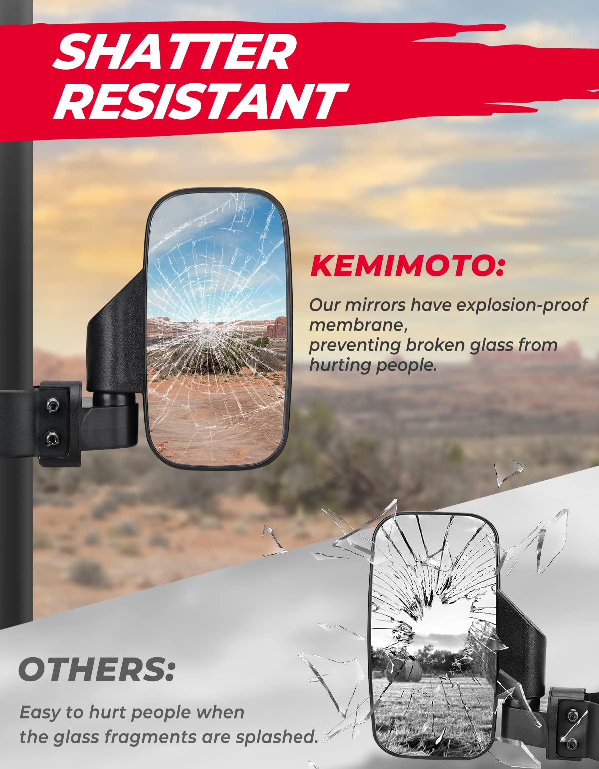 Kemimoto Side View Mirrors Shatterproof Convex Glass 1.5‑2" Roll Cage