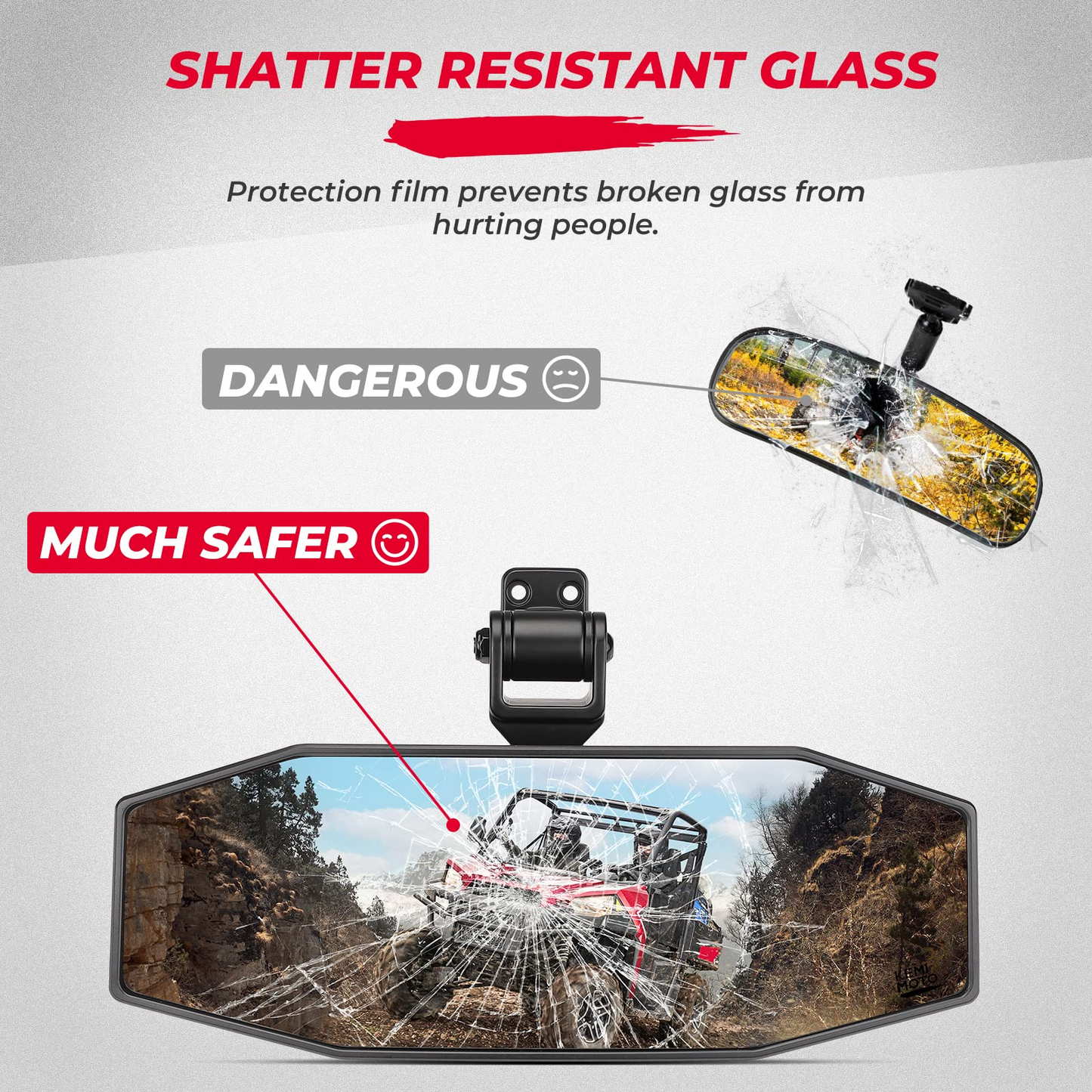 Kemimoto Adjustable Wide-View Convex Rear Mirror for Polaris Ranger