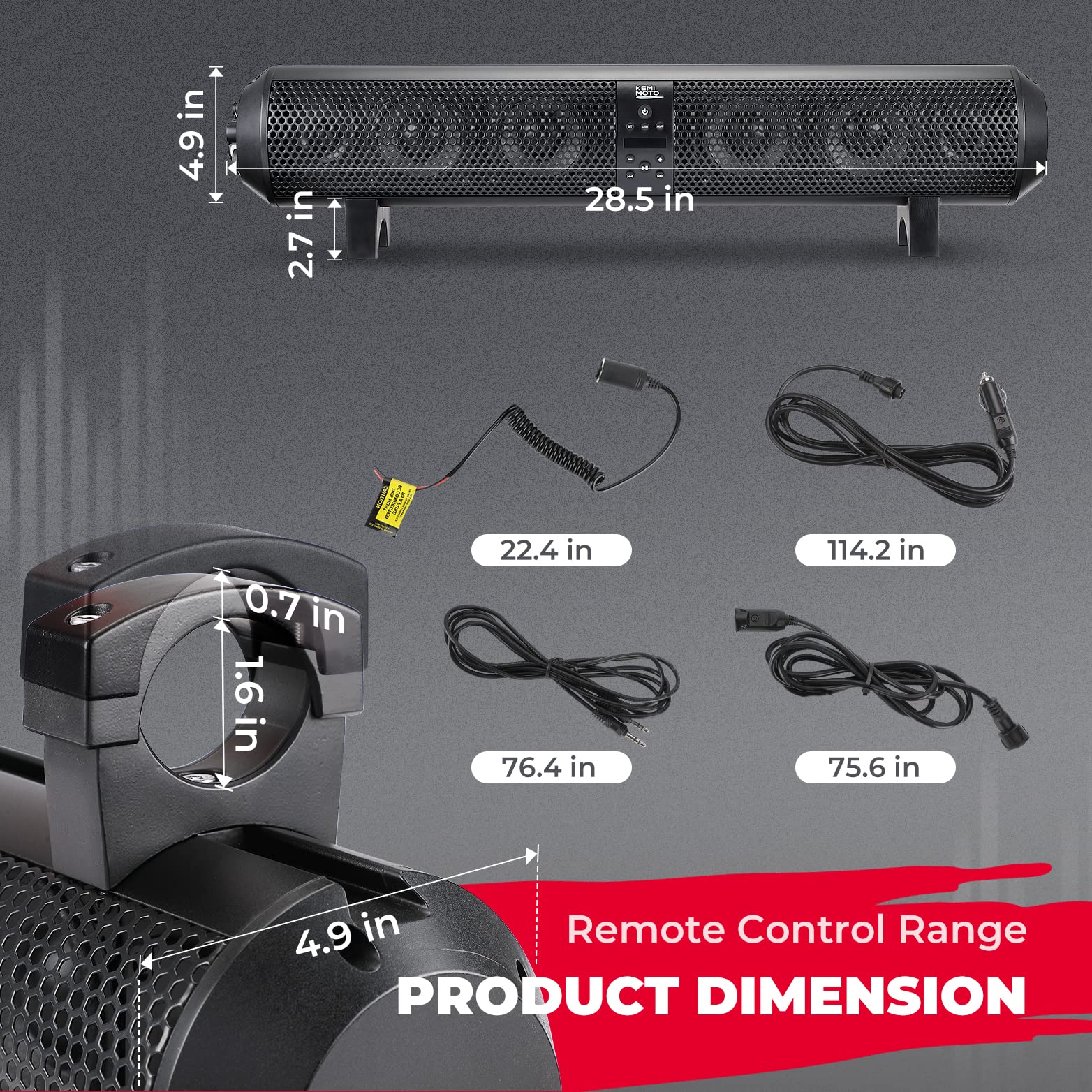 Kemimoto 6‑Speaker UTV Bluetooth Sound Bar 28" Wide IPX5 Waterproof