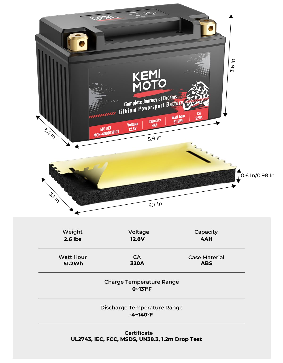 12v 4Ah LiFePO4 Lithium Battery for Motorcycle/ Lawn Mower/ ATV/ UTV
