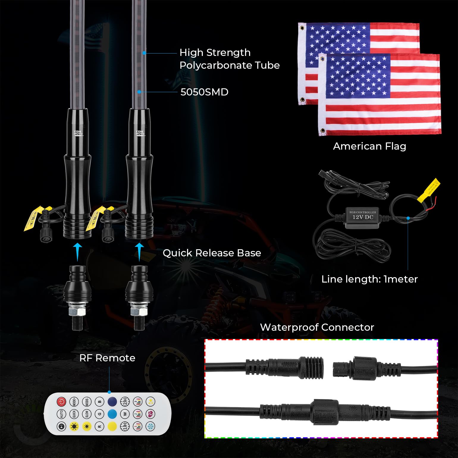 Kemimoto 2pcs 4FT Black LED Whip Light with RF Remote