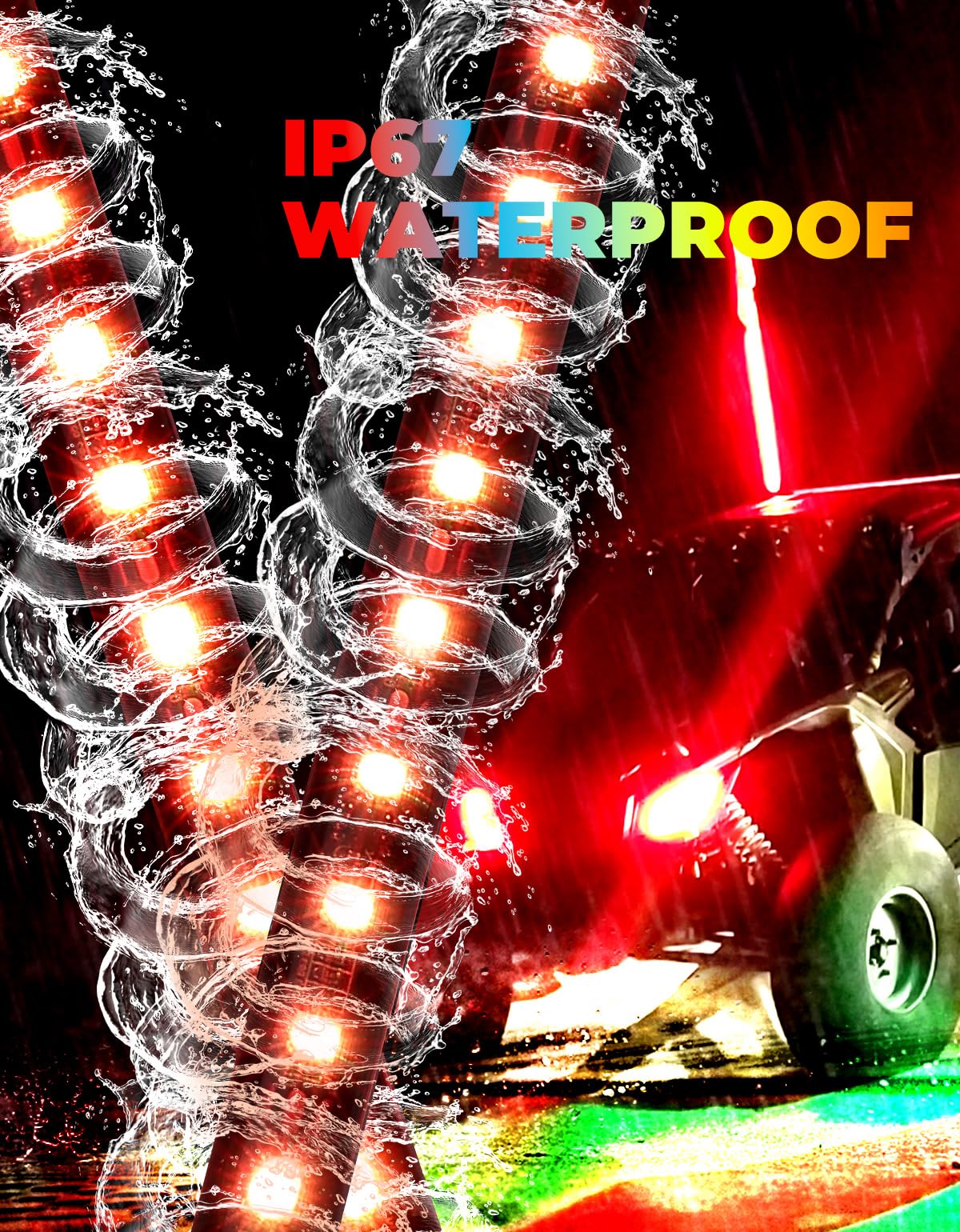 Kemimoto UTV Whip Lights 2pcs 3ft & 4ft With Spring Base