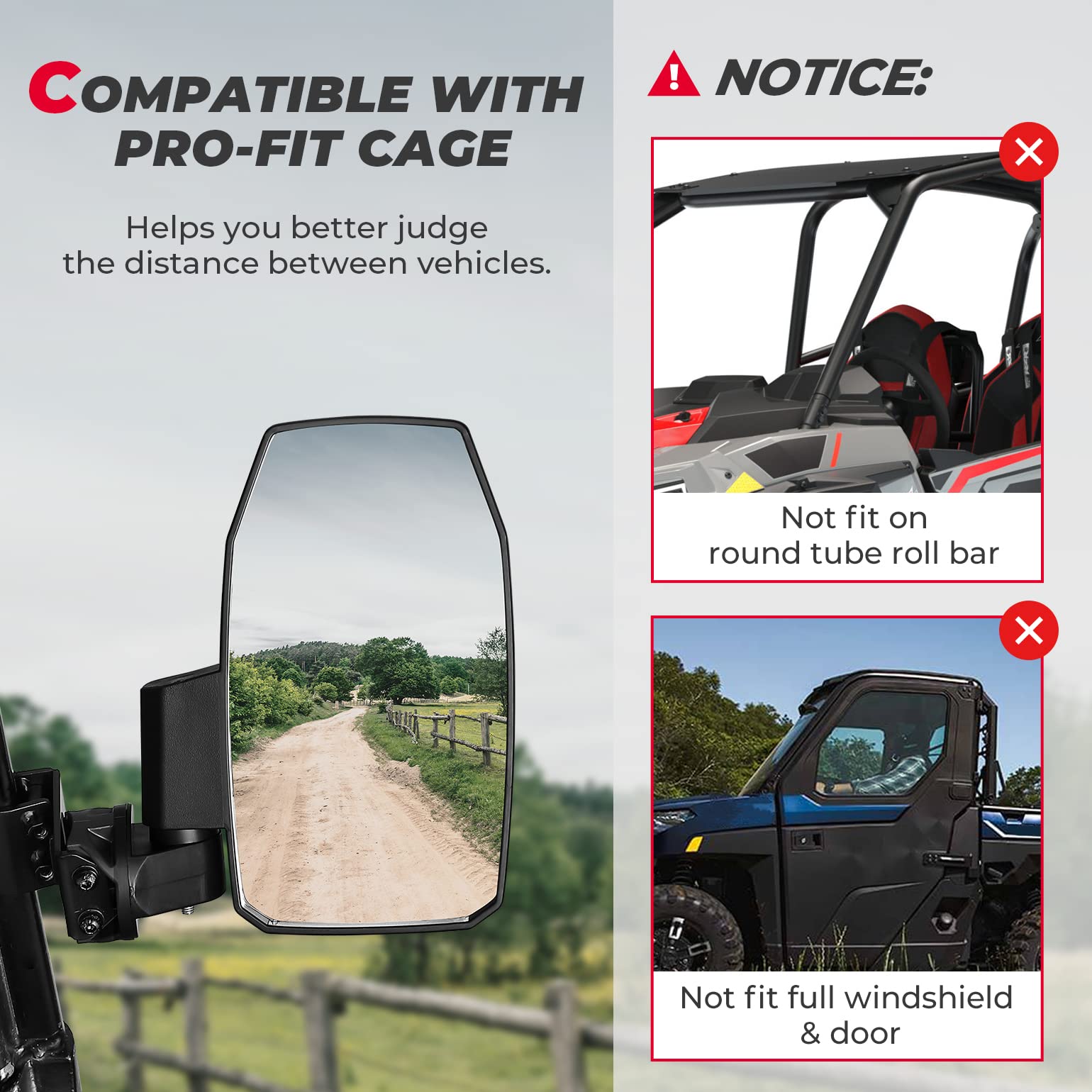 KEMIMOTO Wider UTV Side Mirrors Pro-Fit for Polaris Ranger