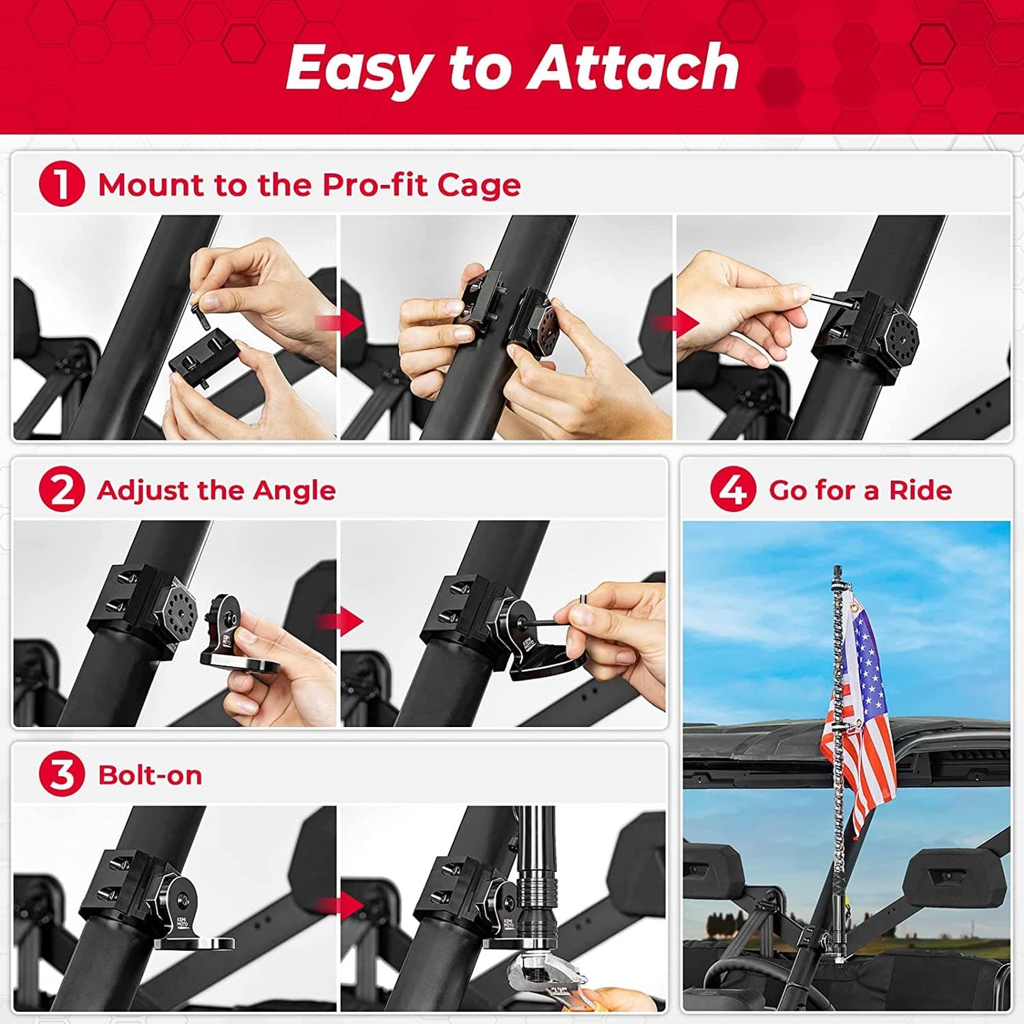 KEMIMOTO Heavy-Duty Aluminum Flag & Whip Light Mount Pro-fit Cage