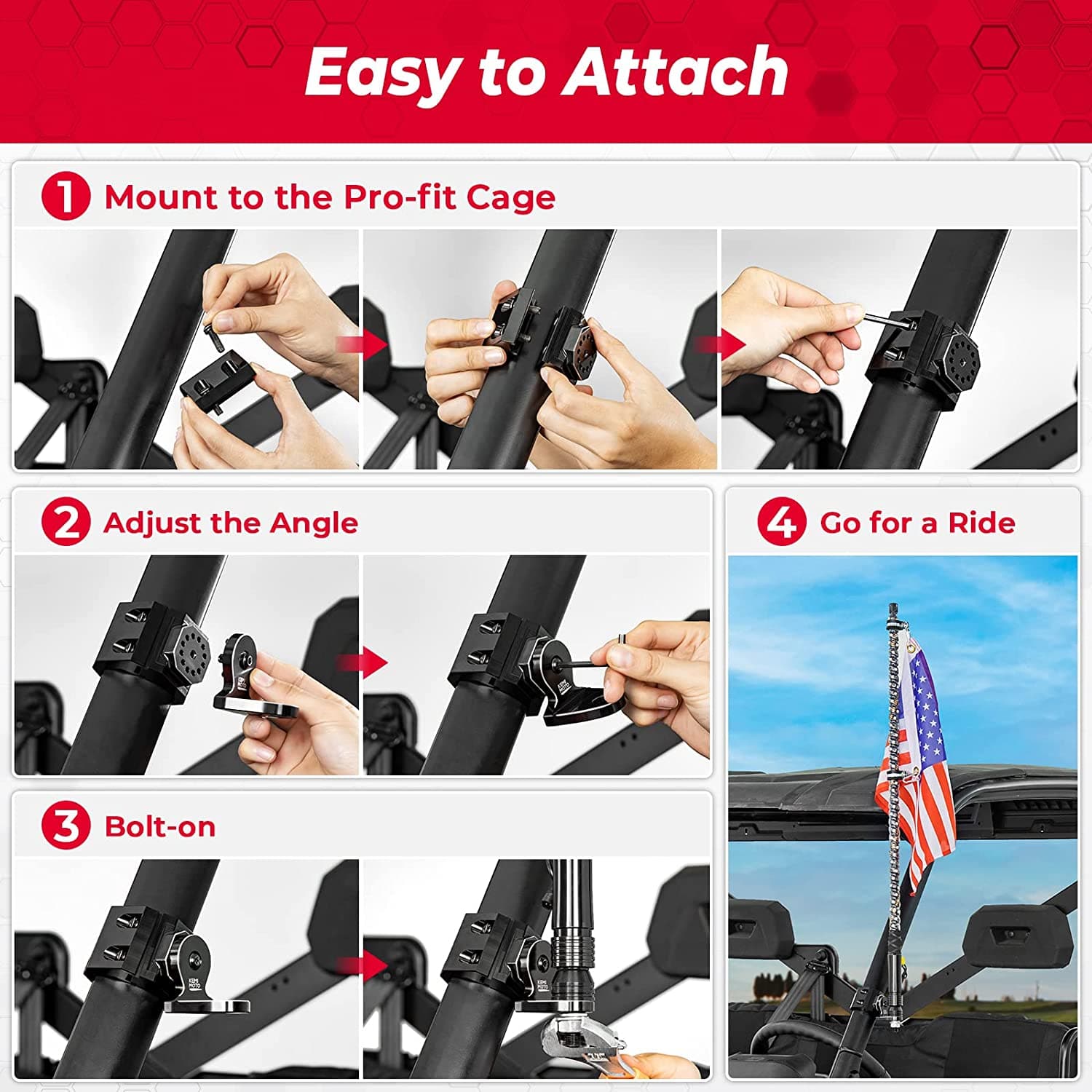 KEMIMOTO Heavy-Duty Aluminum Flag & Whip Light Mount Pro-fit Cage
