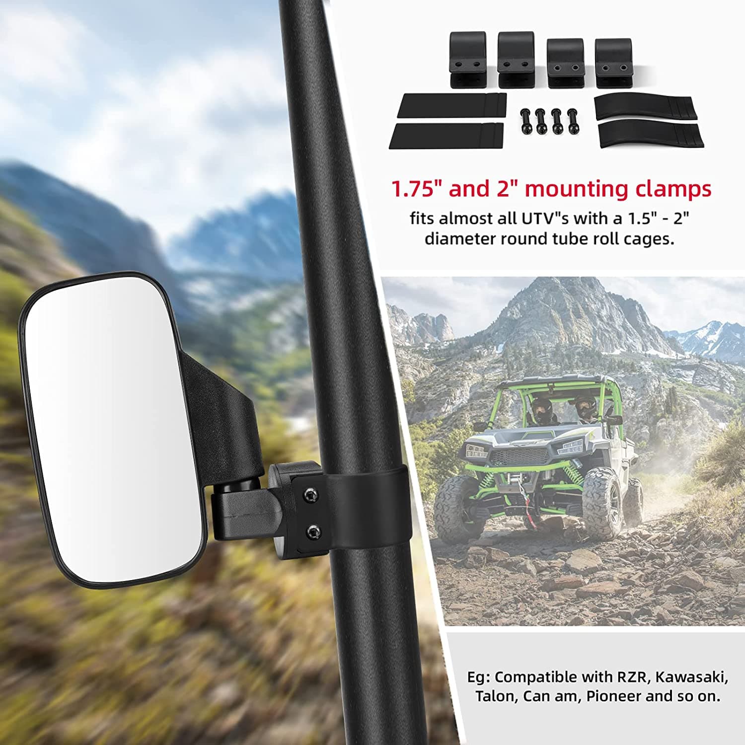 Kemimoto UTV Side Mirror Center Set for 1.6"-2" Bar Cage