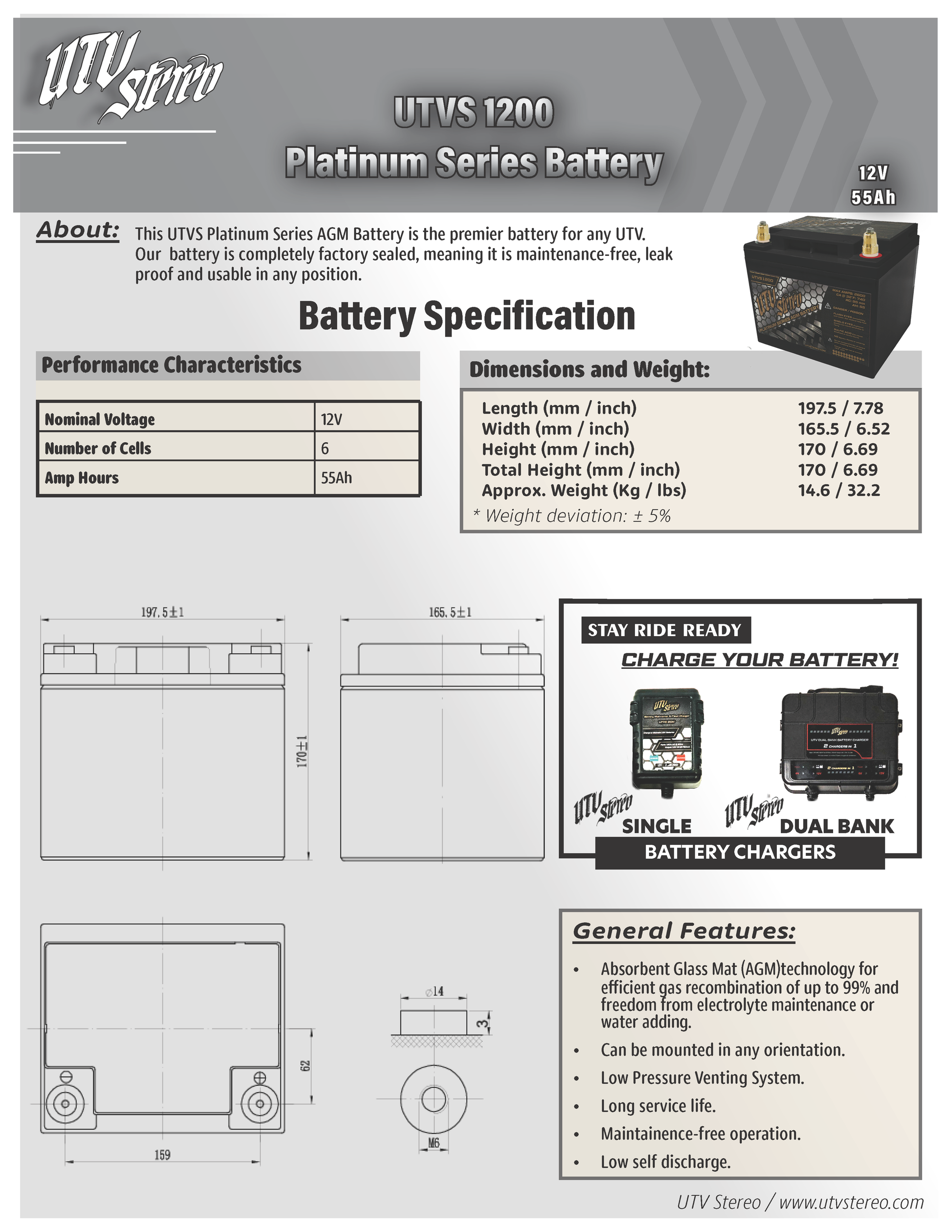 UTVS1200 UTV Stereo Platinum Series AGM Battery