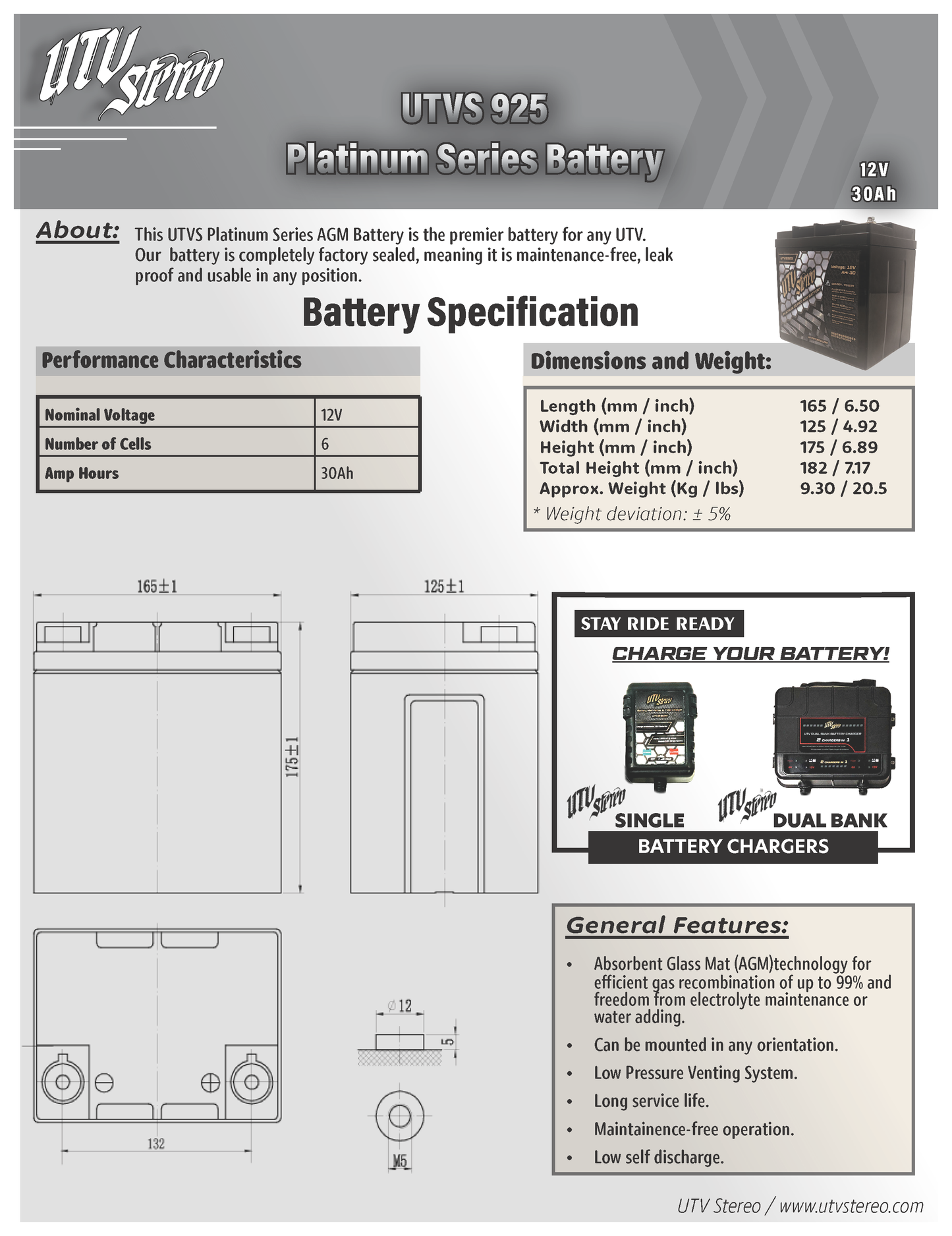 UTVS925 UTV Stereo Platinum Series AGM Battery