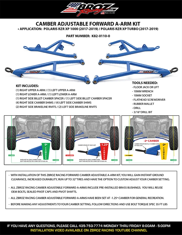 Polaris RZR XP 1000 And XP Turbo Forward Camber Adjustable A-Arm Kit (2017-2020)