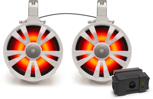 2 Pack White 8' Speakers One Amplified + Battery One No