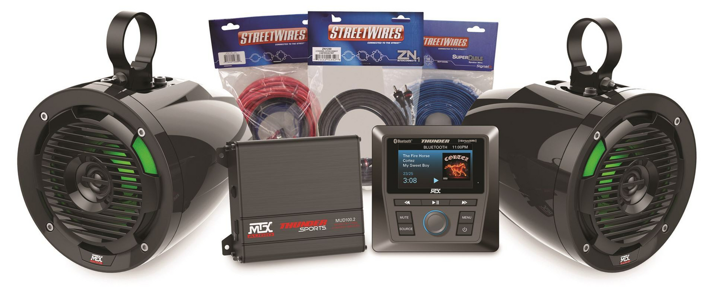 UTV Bluetooth Media Controller Package with Amplifier and 2 Roll Cage Speaker